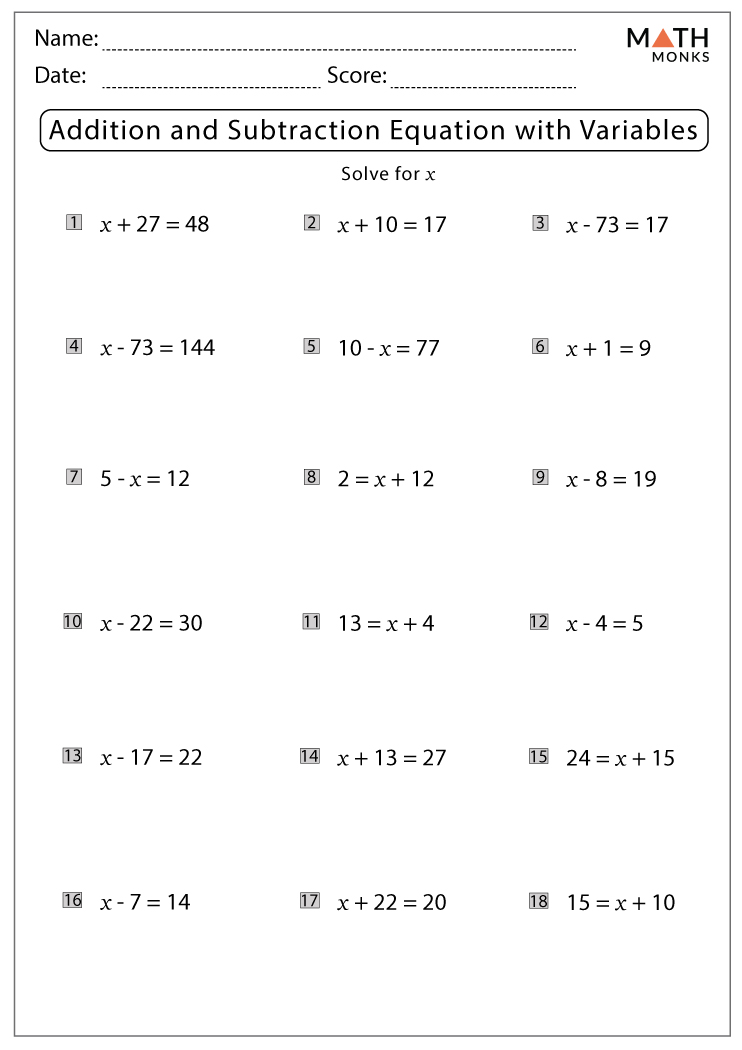 One-Step Equations Addition and Subtraction Worksheets - Math Monks