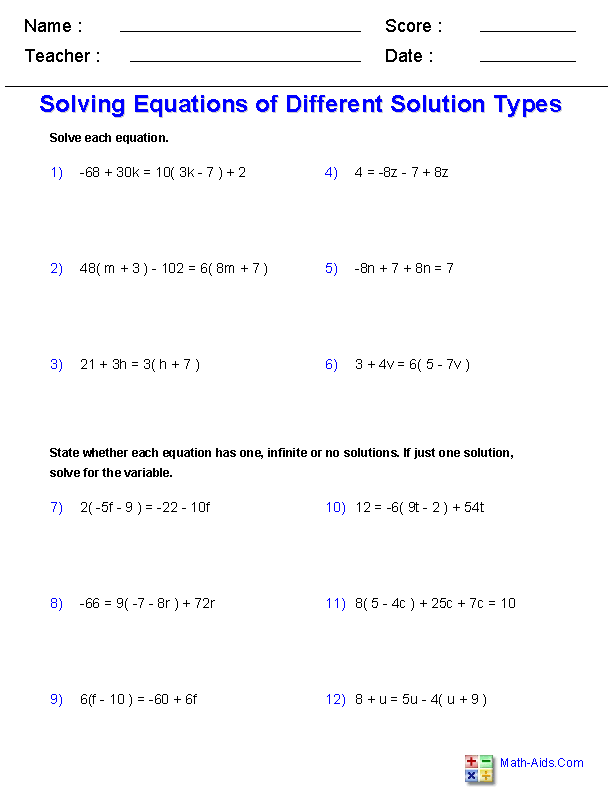 Algebra 1 Worksheets | Equations Worksheets