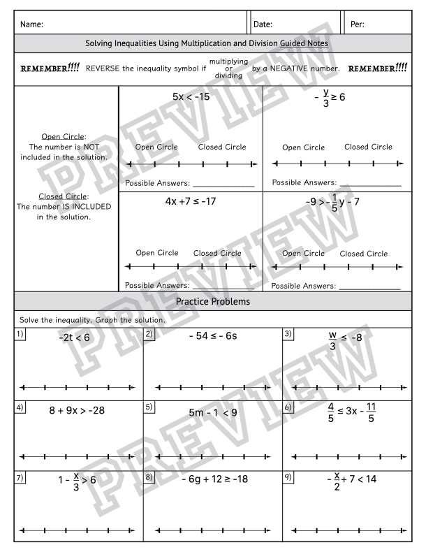 Solving Inequalities with Multiplication and Division Guided Notes and  Practice