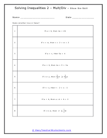 Solving Inequalities by Multiplying or Dividing Worksheets