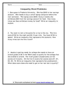 Inequality Word Problems Worksheet for 6th - 9th Grade | Lesson Planet