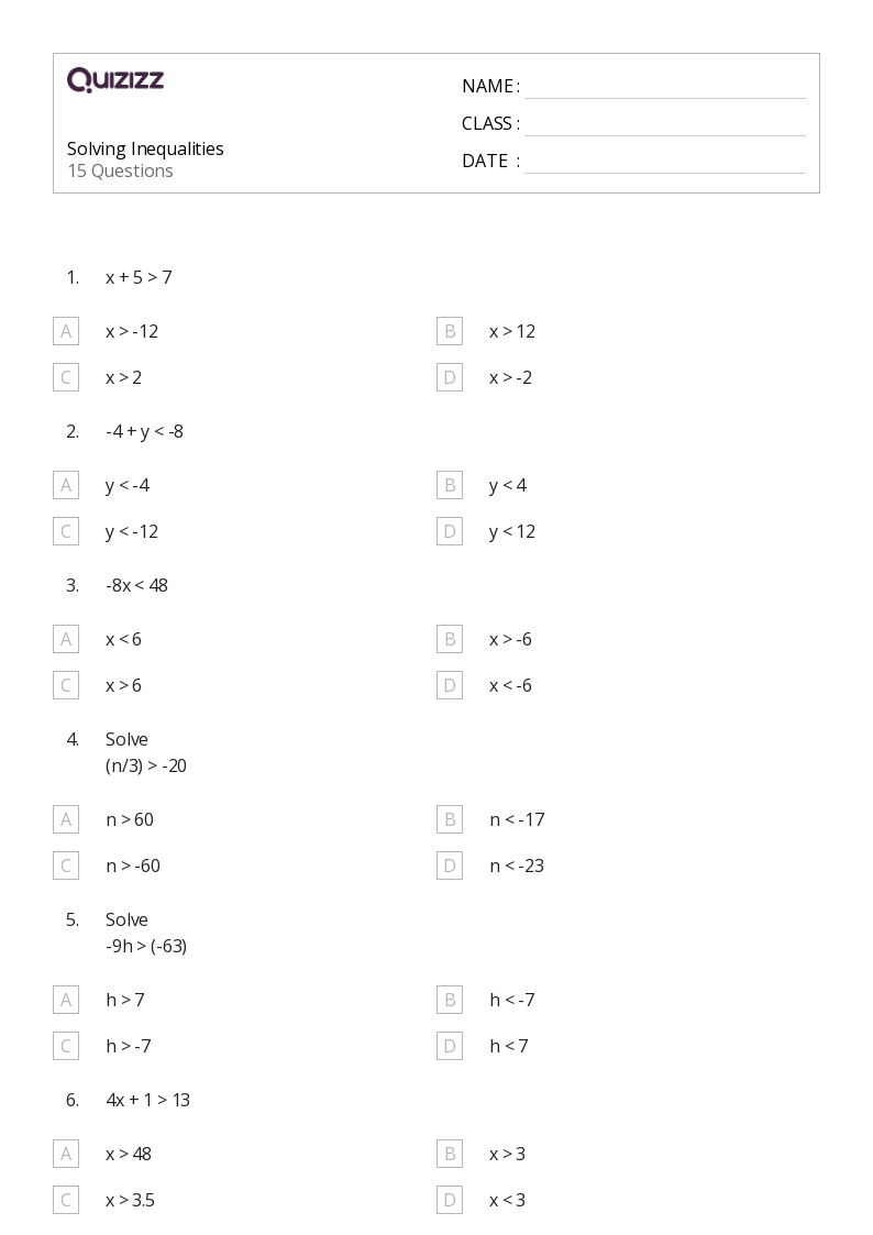 50+ Solving Inequalities worksheets for 7th Year on Quizizz | Free ...