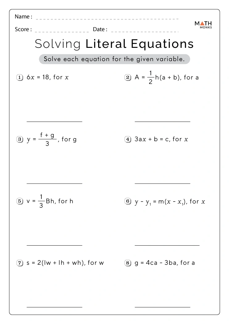 Literal Equations Worksheets - Math Monks