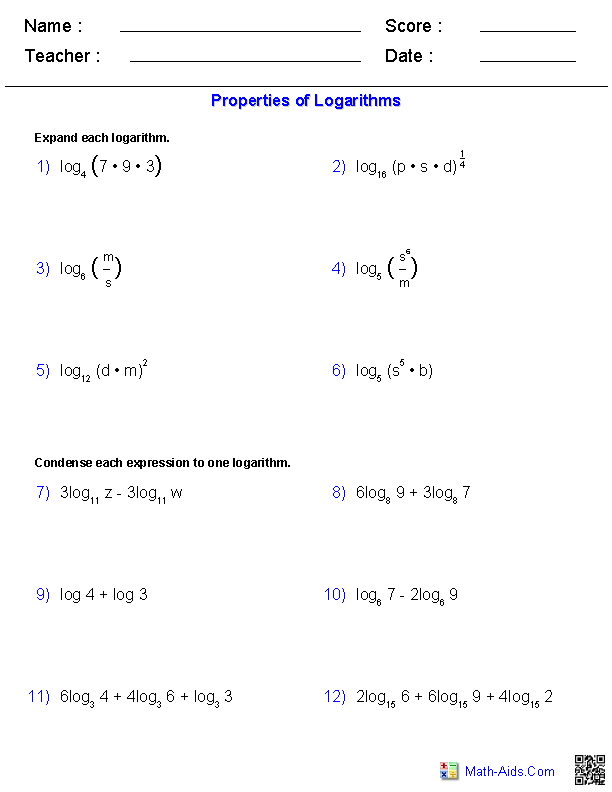 Algebra 2 Worksheets | Exponential and Logarithmic Functions ...