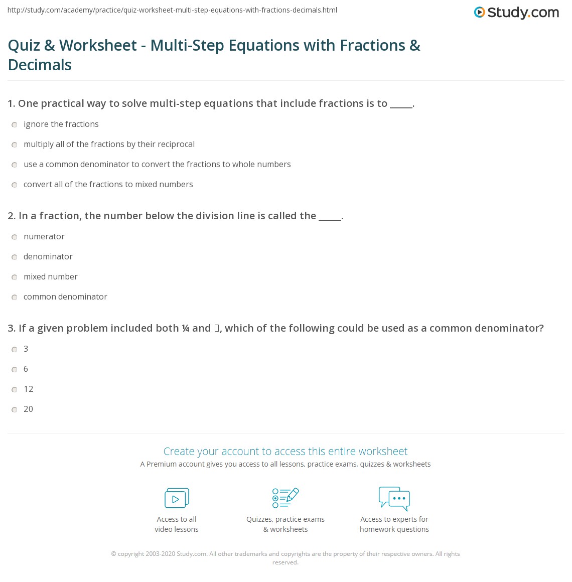 solving multi step equations with fractions worksheet