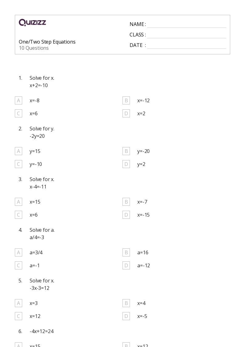 50+ Two-Step Equations worksheets for 6th Year on Quizizz | Free ...