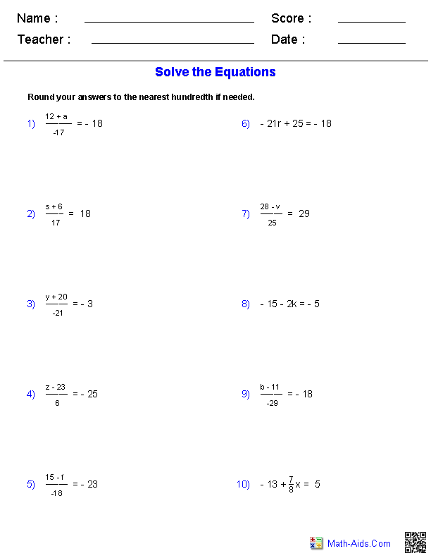 solving one step equations worksheet 6th grade