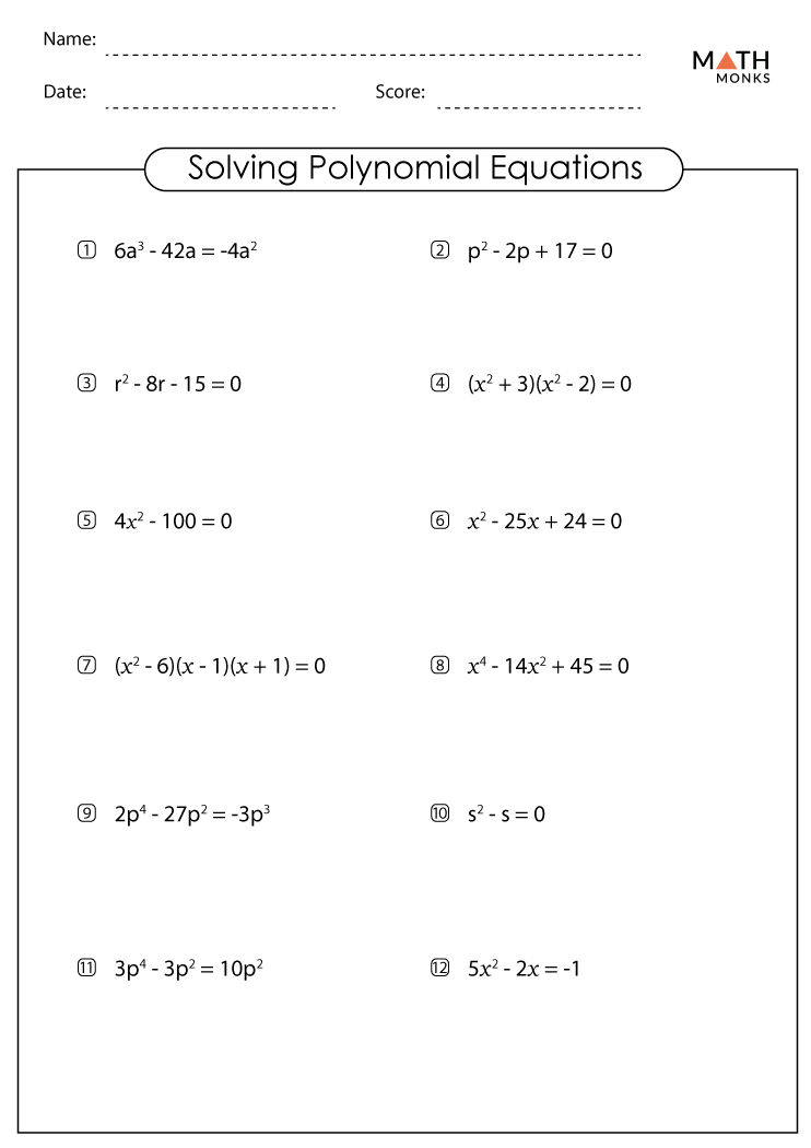 Solving Polynomial Equations Worksheets with Answer Key