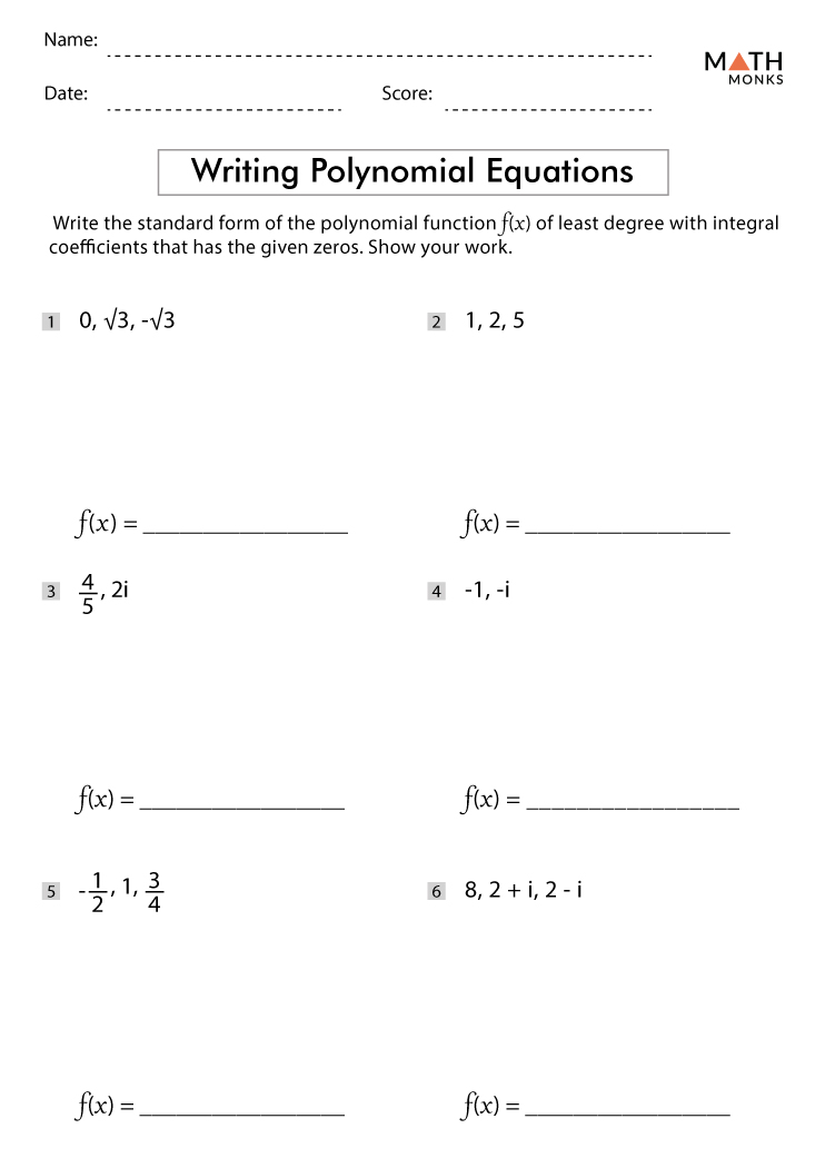 Solving Polynomial Equations Worksheets with Answer Key