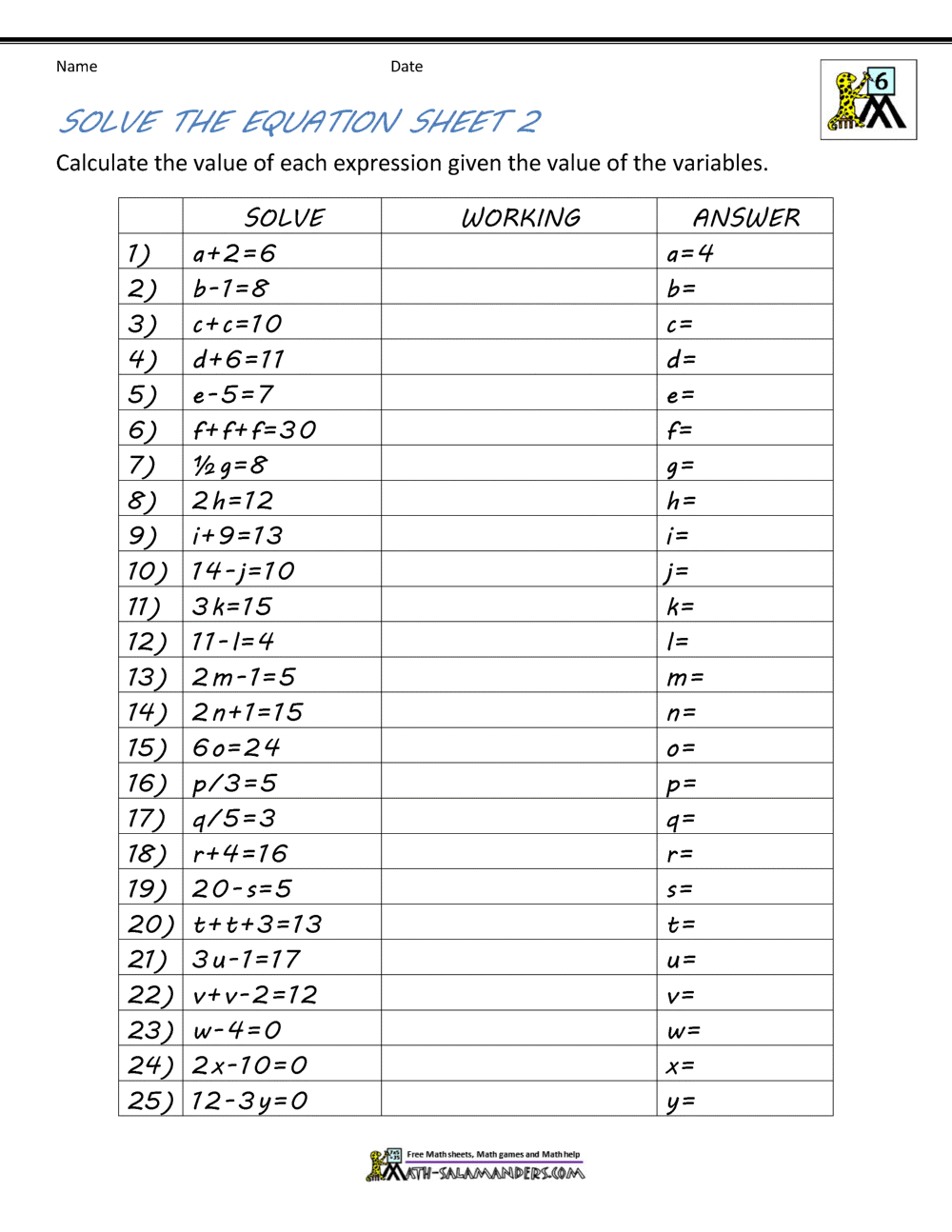 solving problems algebraically worksheet