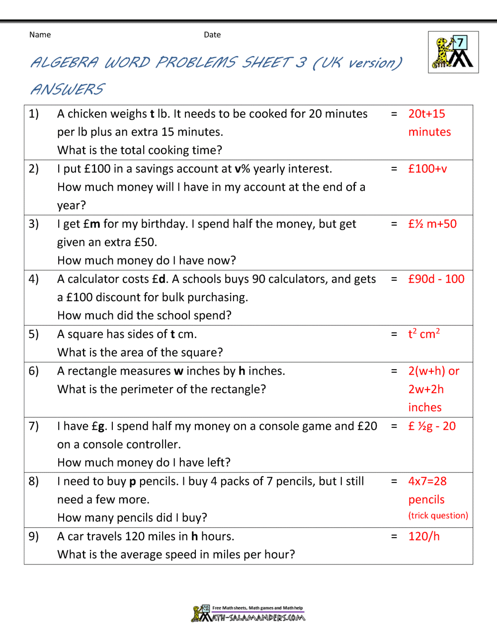 solving problems algebraically worksheet