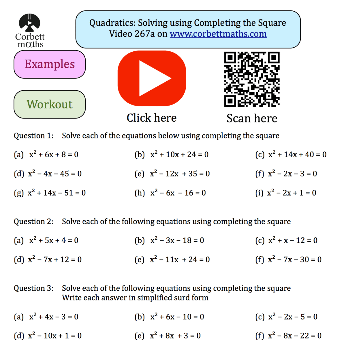 Quadratics: Solving using Completing the Square Textbook Exercise ...