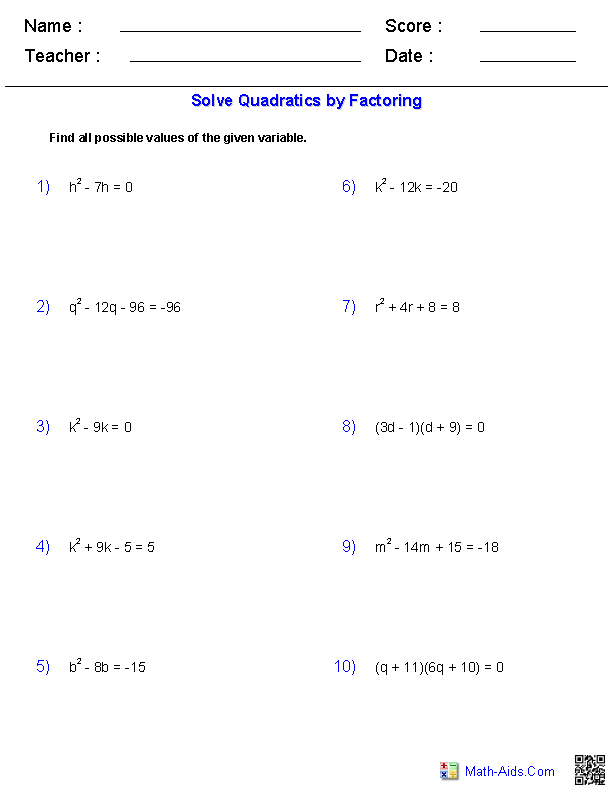 Algebra 1 Worksheets | Quadratic Functions Worksheets