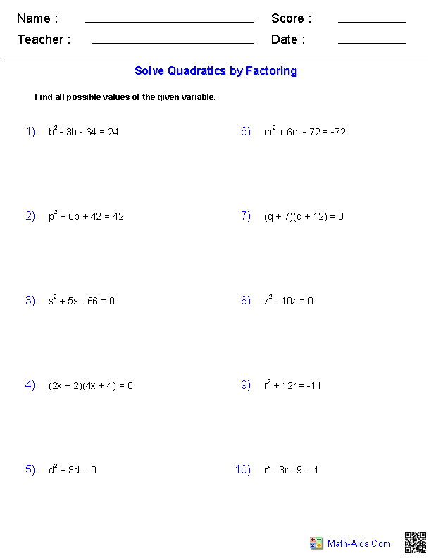 solving quadratic equations by factoring worksheet answers algebra 2