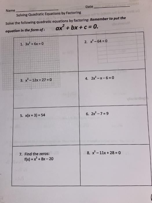 Solved Name Date Solving Quadratic Equations by Factoring | Chegg.com ...