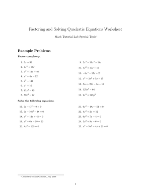 Factoring Worksheet - Practice - Factoring and Solving Quadratic ...