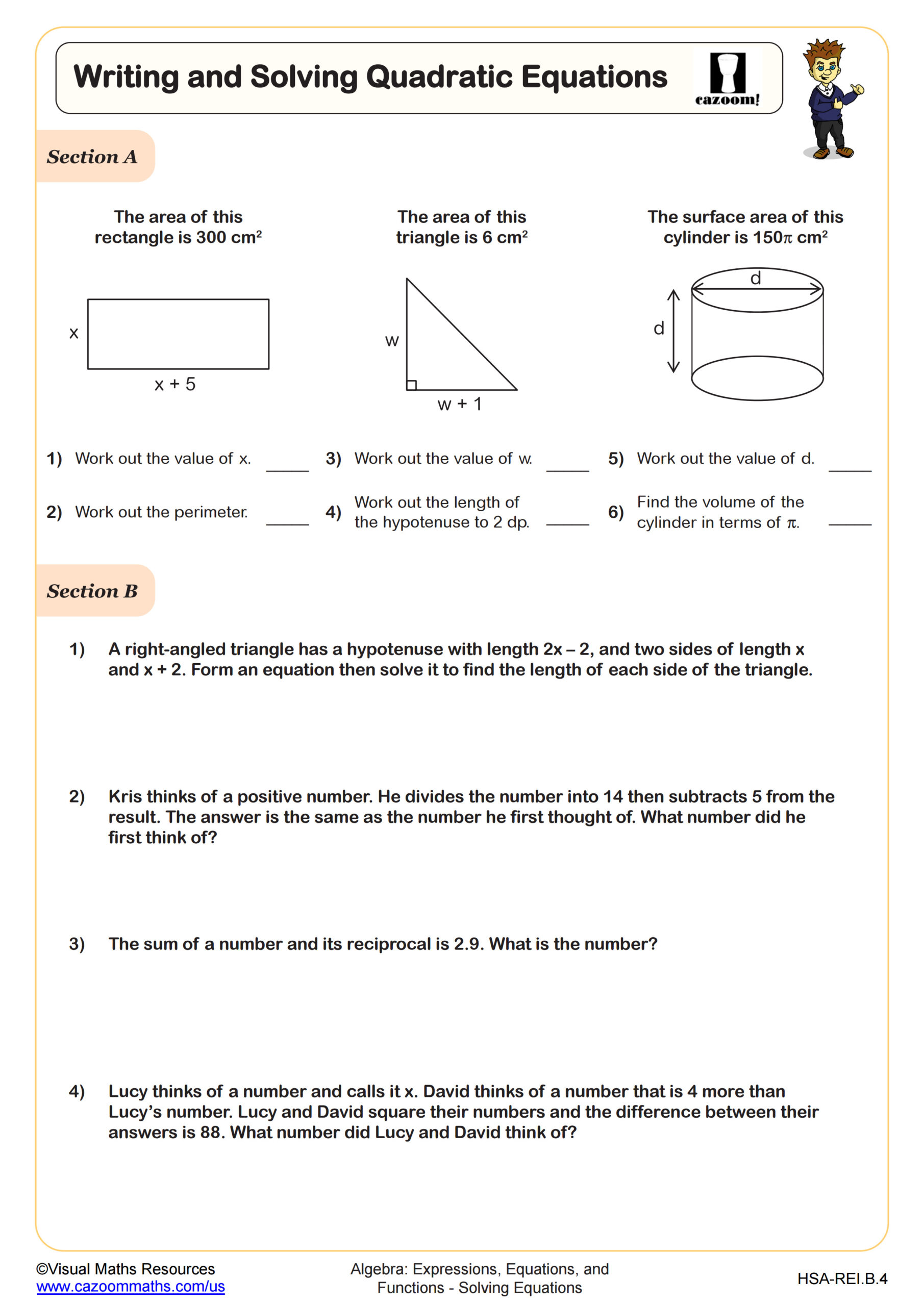 Writing and Solving Quadratic Equations Worksheet | PDF Printable ...