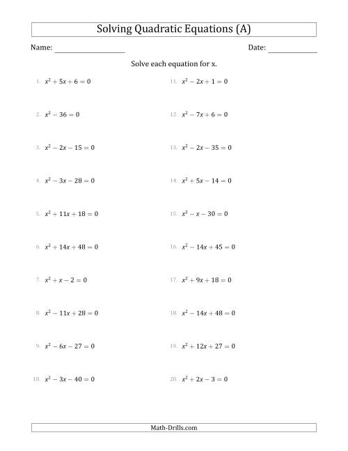 Solving Quadratic Equations with Positive a Coefficients of 1 (A)
