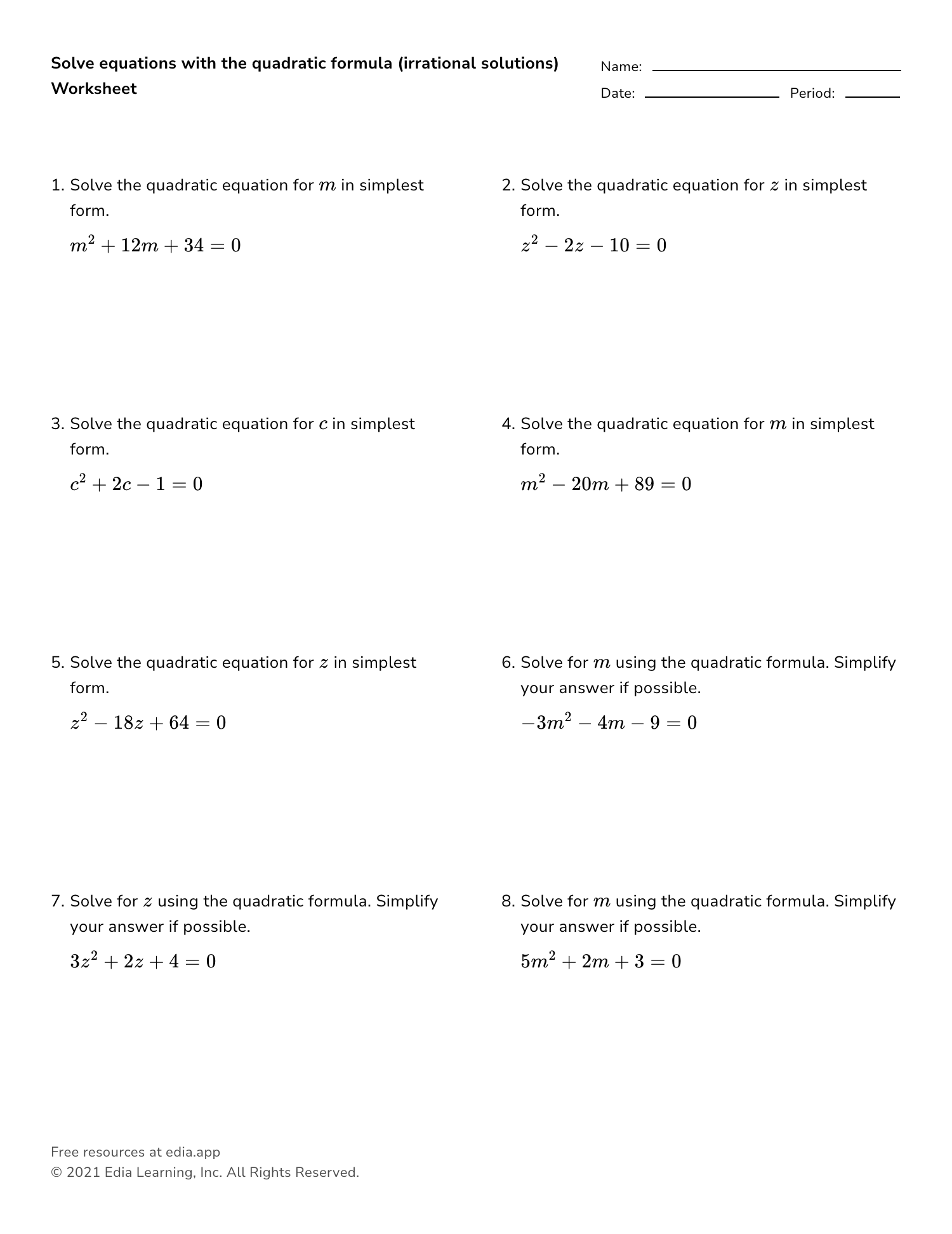 solving quadratic equations worksheet pdf