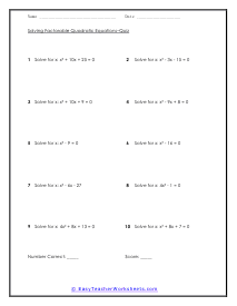 solving quadratic equations worksheet pdf