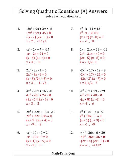 Solving Quadratic Equations for x with a Coefficients Between -4 ...