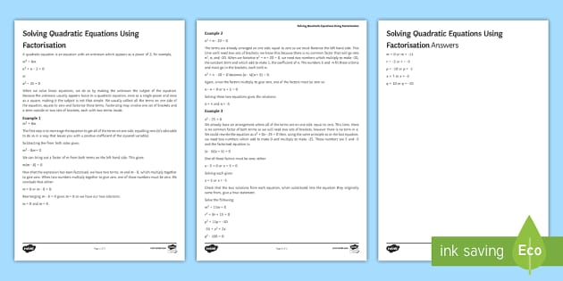 solving quadratic equations worksheet with answers