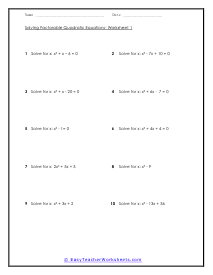Solving Quadratic Equations Worksheets