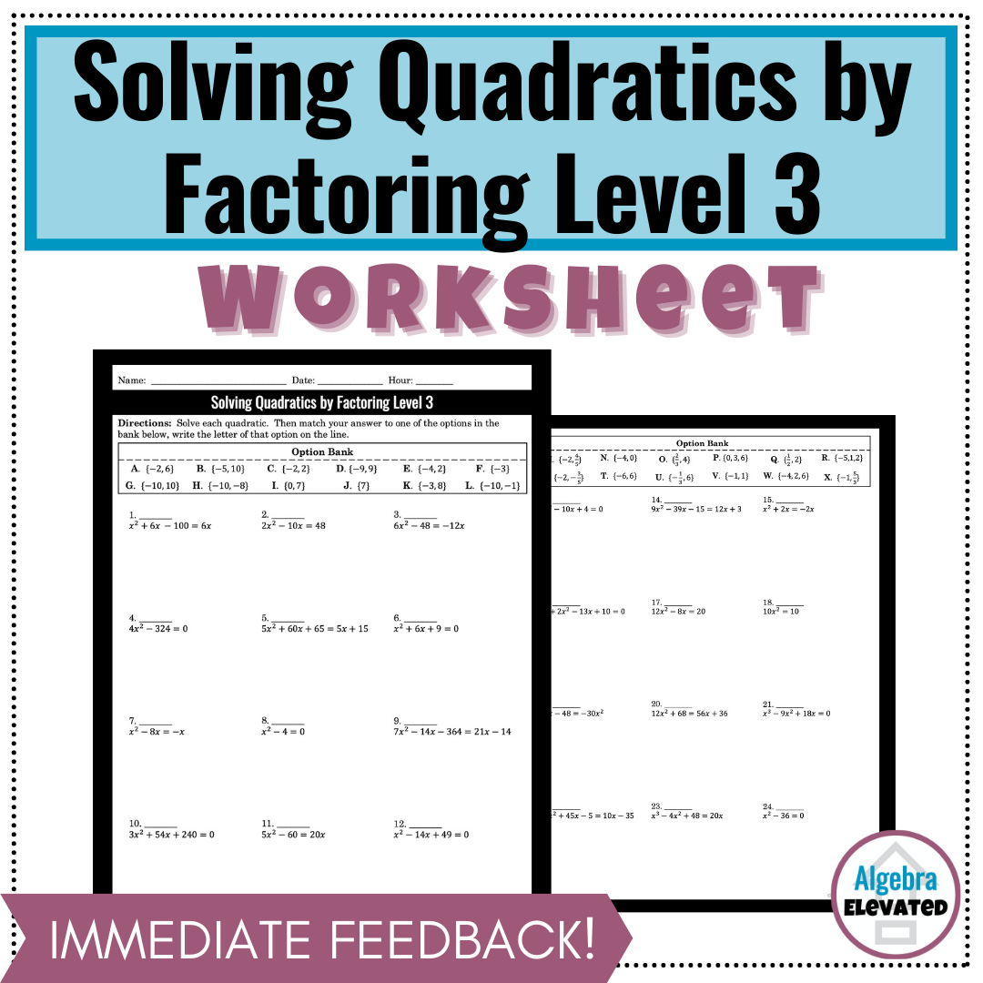 solving quadratic functions worksheet