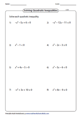 solving quadratic inequalities algebraically worksheet