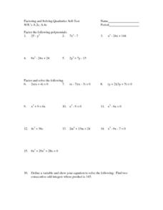 Factoring and Solving Quadratics Self-Test Worksheet for 8th ...