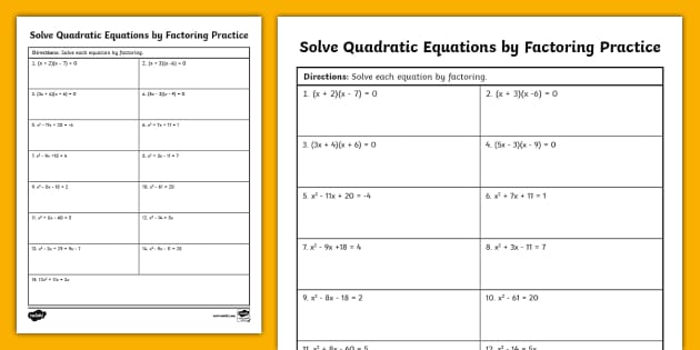 Algebra I Solve Quadratic Equations by Factoring Practice - Worksheets ...