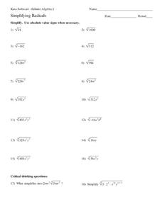 Simplifying Radicals Worksheet for 10th - 12th Grade | Lesson Planet