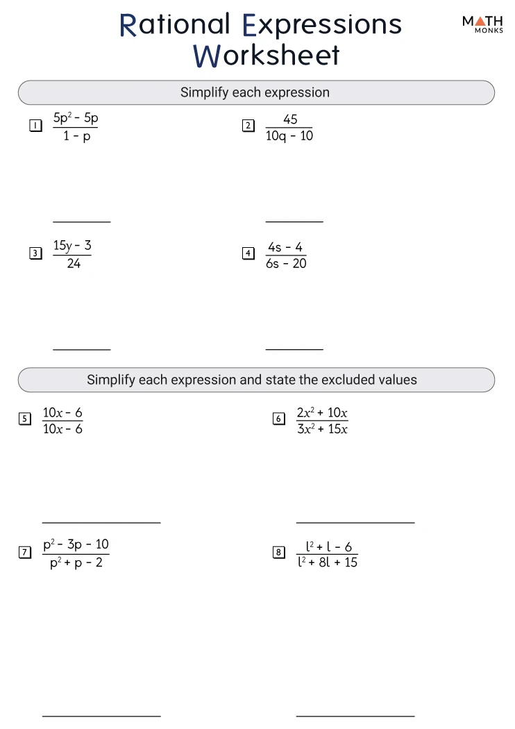 Rational Expressions Worksheets - Math Monks