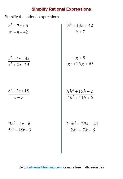 Simplify Rational Expressions Worksheets (printable, online ...
