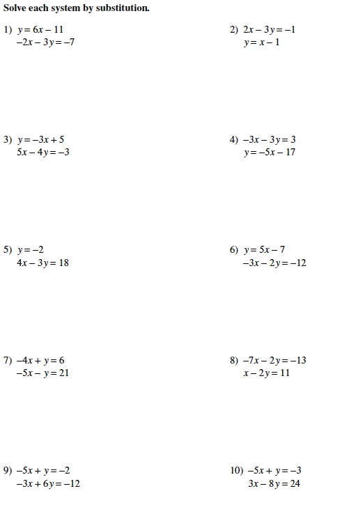solving systems of equations by substitution worksheet