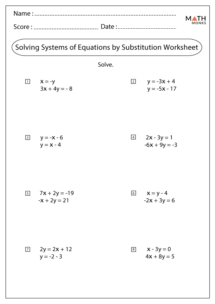 solving systems of equations using substitution worksheet