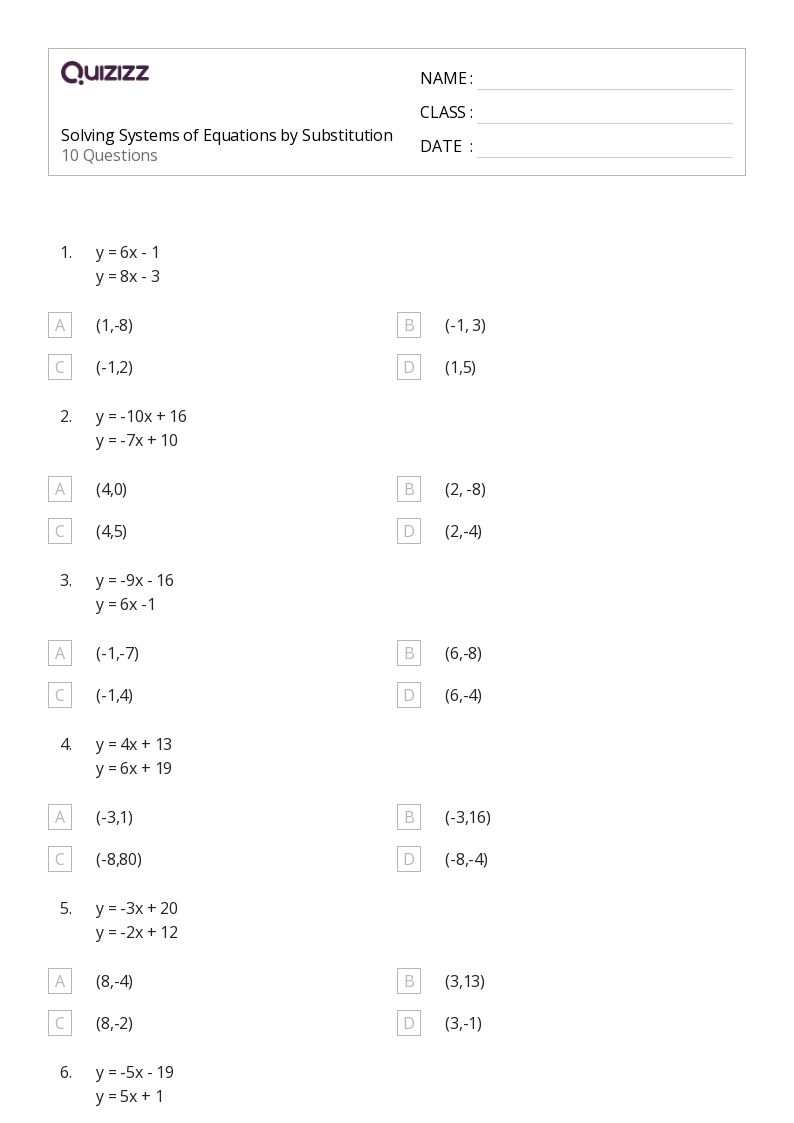solving systems of equations using substitution worksheet