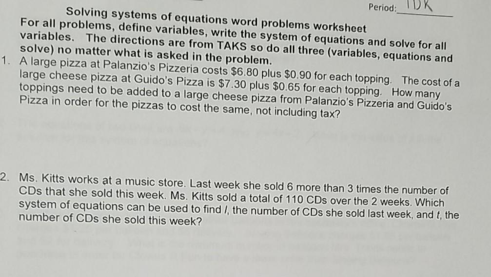 Pre-Algebra Worksheets | Systems of Equations Worksheets