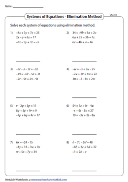 solving systems of equations with 3 variables worksheet