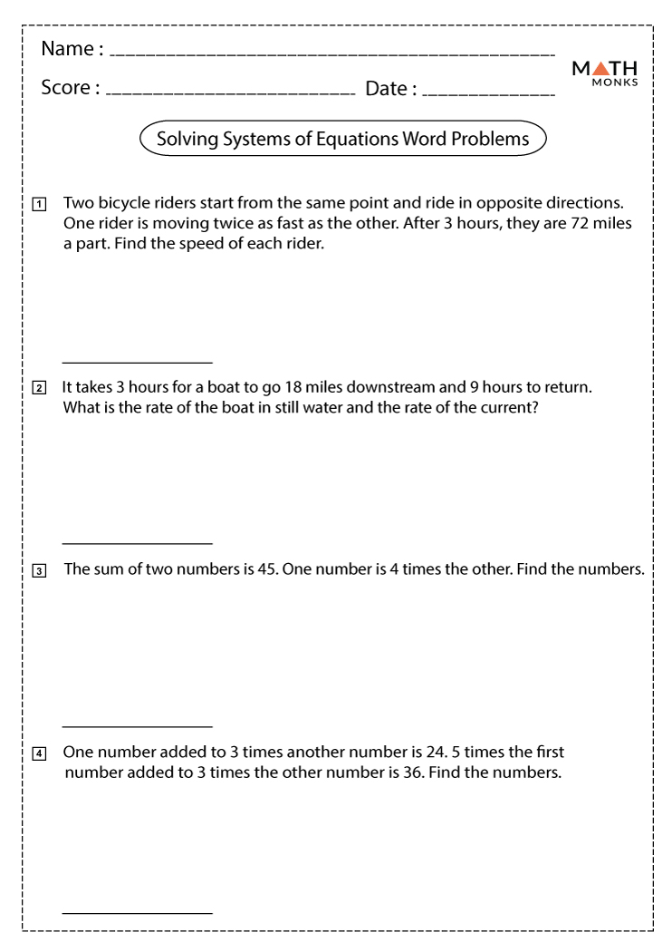 Systems of Equations Word Problems Worksheets - Math Monks