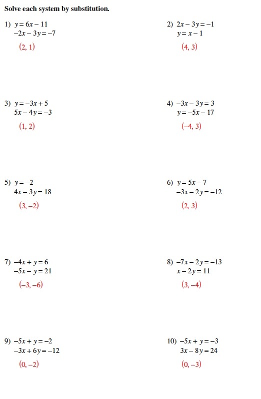 solving systems of equations worksheet answers