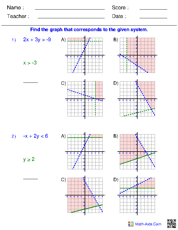 Algebra 2 Worksheets | Systems of Equations and Inequalities ...