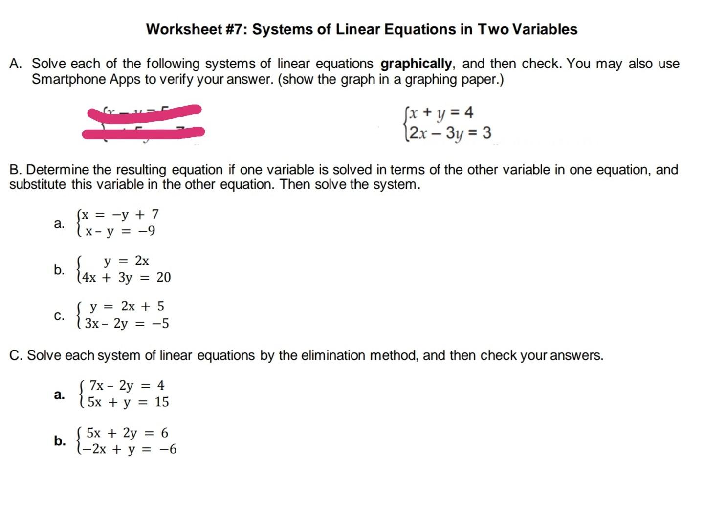 Solved Worksheet #7: Systems of Linear Equations in Two | Chegg.com