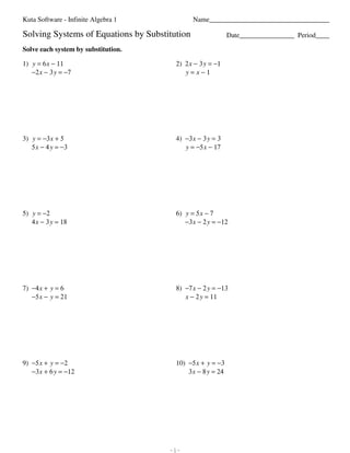 solving systems of linear equations by substitution worksheet