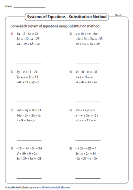 Solving Systems of Equations Worksheets with Three Variables