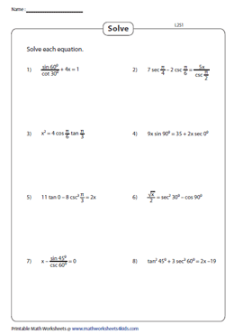 Solving Trigonometric Equations Worksheets