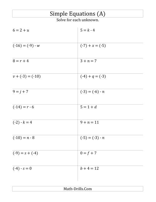 Solve One Step Equations with Smaller Values (Old)