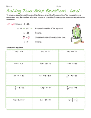 solving two step equations worksheet