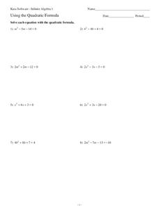 Using the Quadratic Formula Worksheet for 8th - 10th Grade ...