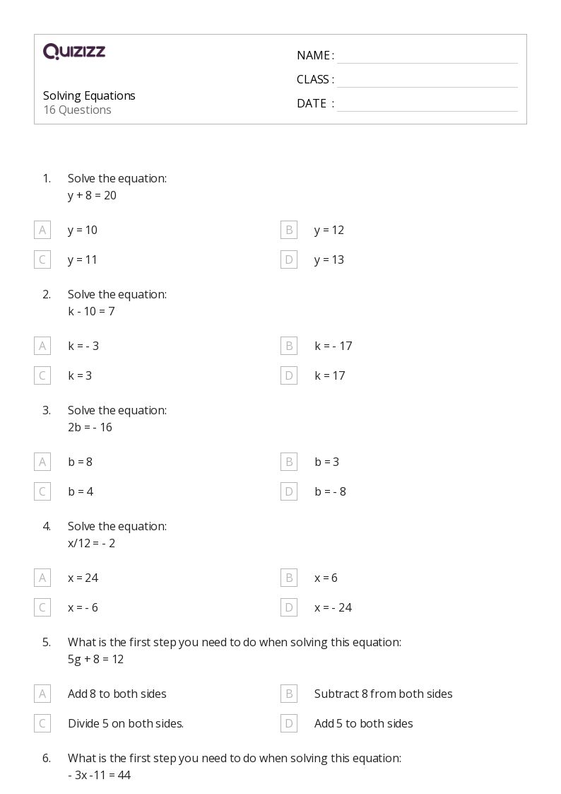 50+ Solving Equations worksheets for 6th Year on Quizizz | Free ...